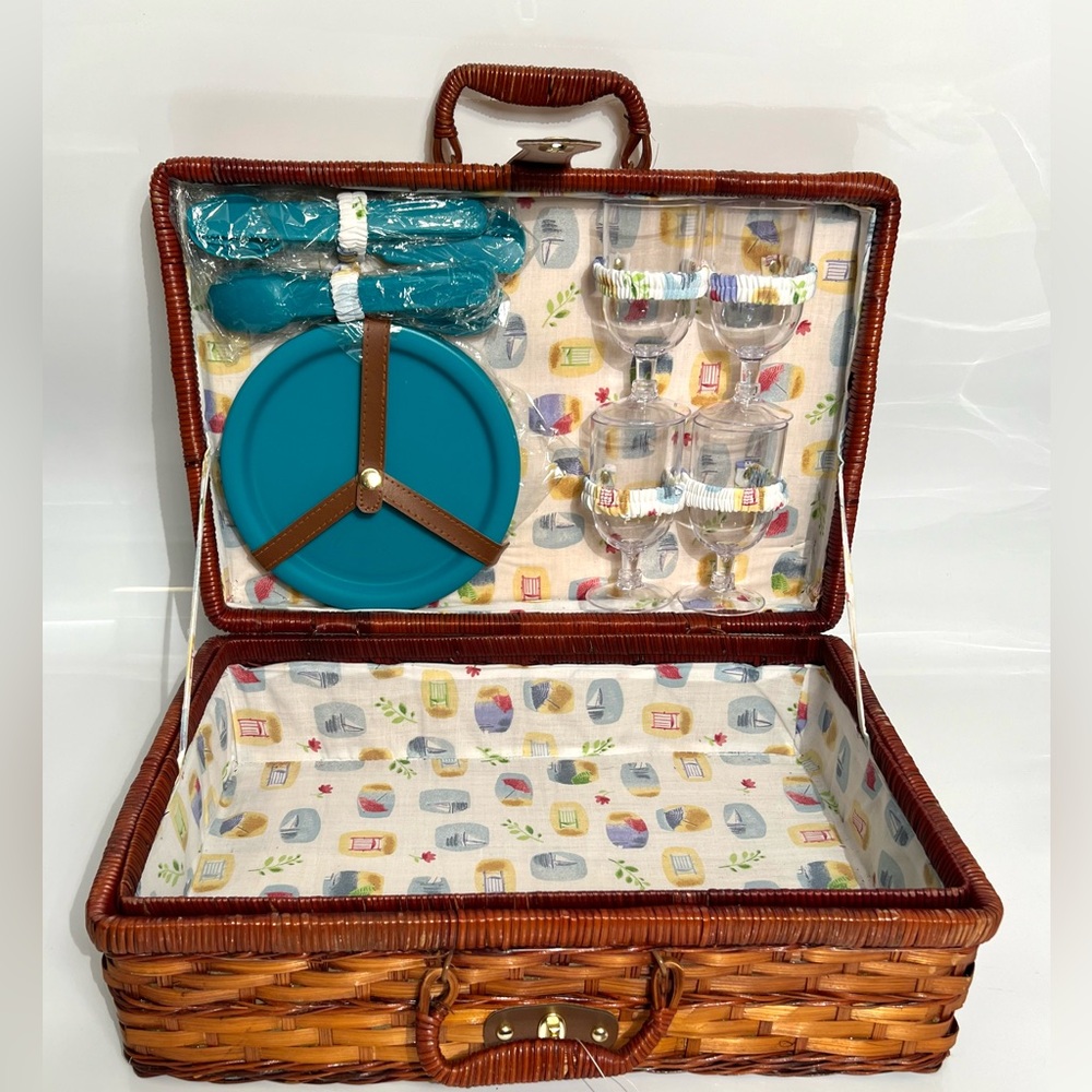 Vintage Linens and Things On the Beach Wicker Picnic Basket